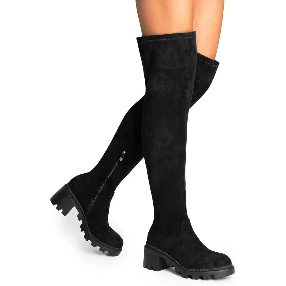 Women's Black-suede Faux Leather Knee High Over The Knee High Chunky Heel Boots